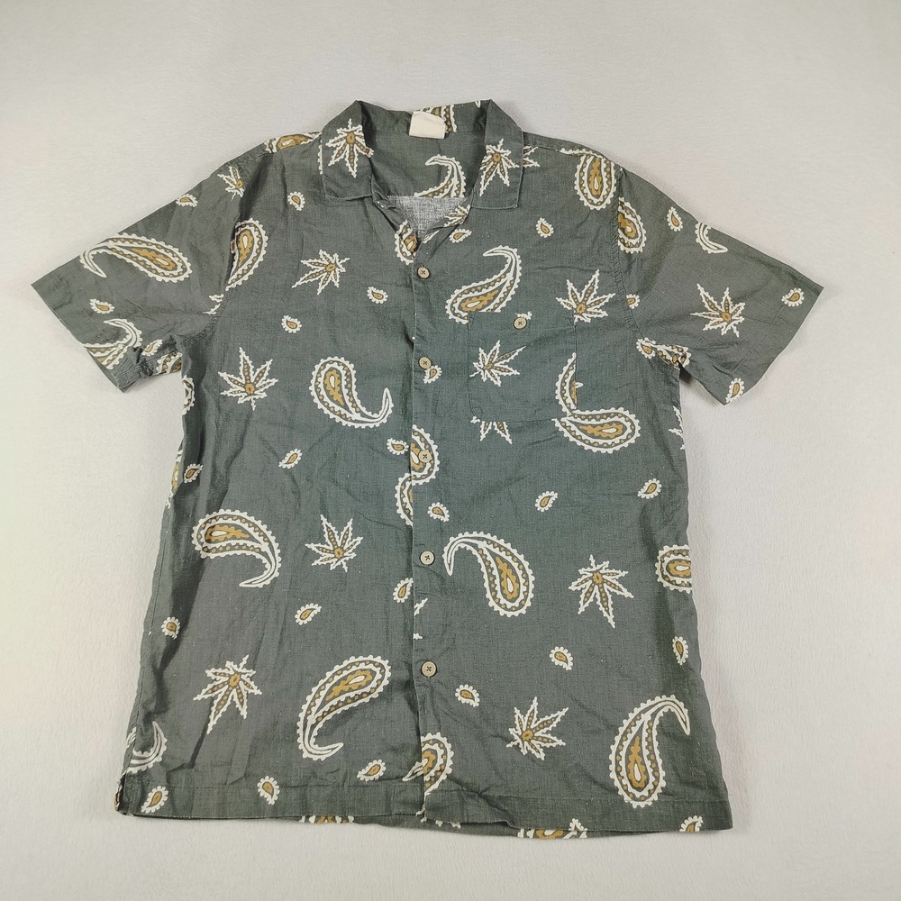 Cotton On Shirt Mens Medium Gray Hemp Blend Paisley Leaf Button Up Short Sleeve‎